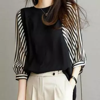 Summer Shirt for Women Summer Color Blocked Round Neck Top Loose Short Sleeved Cotton Blouses & Shirts M