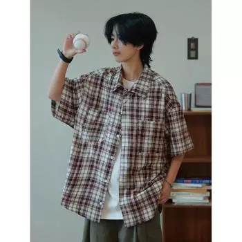 Summer shirt men s checkered short sleeved plus size seven quarter sleeved shirt Hong Kong style casual jacket M синий