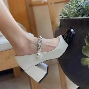 Summer Shoe Woman 2024 High Heels Luxury Shoes Women Mary Janes Pumps Square Toe Leather Sandals Black White Patchwork 39 34