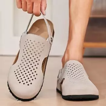 Summer Shoes for Men Luxury Brand Leather Casual Sandals Outdoor Non-Slip Beach Shoes Designer Handmade Leather Sandals Mocassin 38 песочный