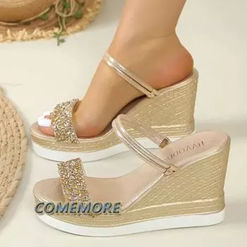 Summer Shoes for Women Wedges Sandals Female High Heels Slides Women Designers Shoes Platform Sandal Rhinestone Outdoor Slippers 35 золотой