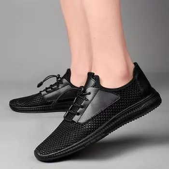 Summer Shoes Men Couple Casual Shoes Fashion Lightweight Breathable Comfortable Walking Sneakers Slip-on Mens Mesh Flats Shoes 37 бежевый