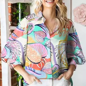 Летняя повседневная рубашка с коротким рукавом и принтом, женская модная винтажная свободная блузка с отложным воротником на пуговицах, праздничные простые рубашки женские 24350 S белый