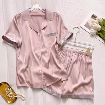 Summer Silk Satin Pajamas Female Sweet Wind High Value Cool Feeling Short-Sleeved Homewear Suit Solid Color Women s Sleepwear M розовый