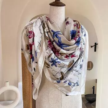 Summer Silk Scarf, Small Fresh And Fashionable, Pastoral Style, Floral Flowers, Women S Sunshade And Sunscreen Twill Scarf 130-130cm серый