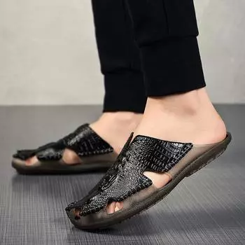 Summer Simple Slippers Men s Shoes Genuine Leather Slippers Soft Slip on Slides Footwear for Men Luxury Brand Slippers Man Flats 38 чёрный