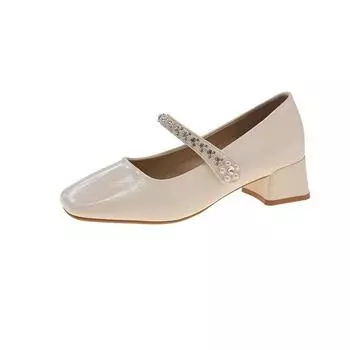 Summer single shoes new square head shallow mouth rhinestone one-word diamond belt silver low heel flat shoes comfortable Mary Jane shoes 35