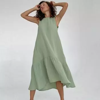 Летнее хлопковое свободное платье без рукавов для женщин, элегантное, модное, однотонное, повседневное, женское, с круглым вырезом, оборками, подол, простое, офисное, женское платье, одежда 1314 S синий