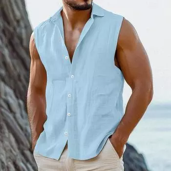 Summer Sleeveless Shirts Men Lightweight Solid Turn Down Collar Casual Shirt Vests Man 2XL белый