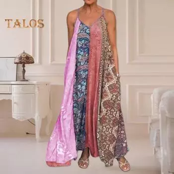 Летнее платье-комбинация с богемным принтом, открытой спиной, без рукавов, свободное, одинакового цвета, большого размера, трапециевидной формы с V-образным вырезом, пляжное платье макси для отпуска 4XL жёлтый