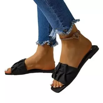 Summer Slippers for Women Flip Flops Flats 2024 New Pleated Korean Slippers Women Sandals Green Slip on Shoes Big Size 35-43 35