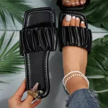 Summer Slippers for Women Pleated Flip Flops Flats 2024 New Korean Slippers Women Sandals Green Slip on Shoes Big Size 36-43 36 небесно-голубой