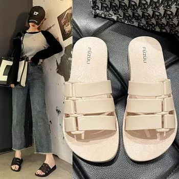 Summer slippers women s outer wear 2025 new fashion one-word buckle flat-bottomed slippers student seaside casual beach shoes women 36 бежевый