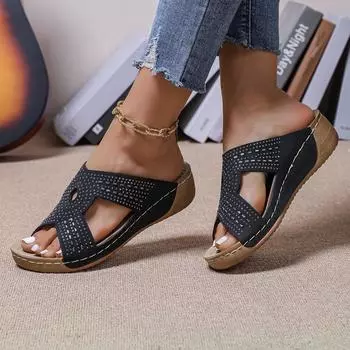 Summer slope heel slippers women s sewing line rhinestone large size women s round head open-toed slippers wearing beach slippers 36 чёрный