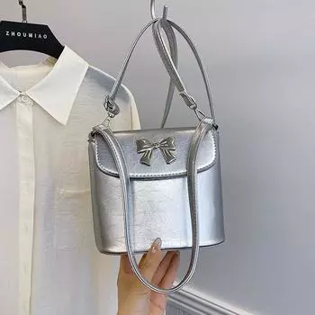 Summer Small Fresh Bucket Bag Mori Girl Shoulder Messenger Bag Solid Color Bow Armpit Bag серебряный