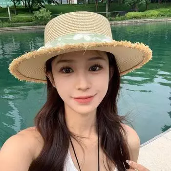Summer Small Fresh Mori Lace Flower Sun Hat Female Flat Top Rough Edge Straw Hat Seaside Vacation Beach Straw Hat one size fits all