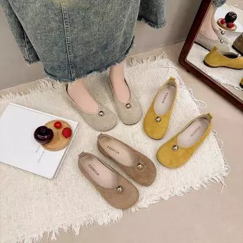 Summer soft leather suede leather flat bottom casual shallow mouth women s ladyshoes round head one pedal work women s single shoes 35