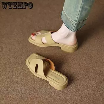 Summer Soft Leather Women s Shoes Low Heel Square Toe Roman Retro Brown French Women s Sandals with Exposed Toes 35