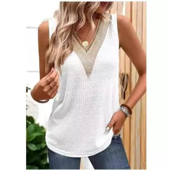 Summer Solid-color Casual Shirt Loose V-neck Lace Sleeveless VestWomen s T-shirt S белый