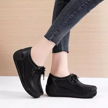 Летняя Весна Осень Женская Обувь Взрывная Дрожащая Подошва Кожа Повседневная Корейский Стиль Модные Женщины Среднего Возраста Хлопок 40 чёрный