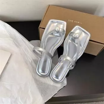 Summer Square Head Womens Slippers Pinch Feet Women Flat Shoes Pearl Female Shoes Fashion Slippers 2024 New Zapatos Para Mujeres 35