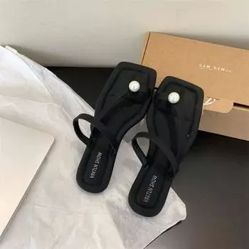 Summer Square Head Womens Slippers Pinch Feet Women Flat Shoes Pearl Female Shoes Fashion Slippers 2024 New Zapatos Para Mujeres 35
