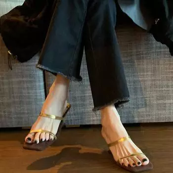 Summer Square Toe Women s Fashion Slippers Fashion Wedges Heel Dress Slides Casual Narrow Band Slip On Footwear 35 золотой