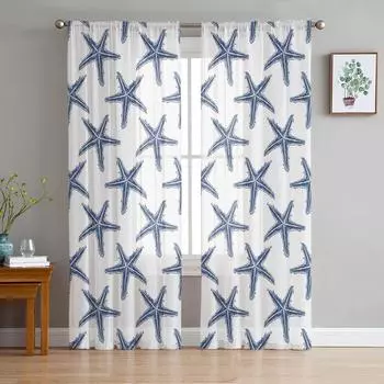 Summer Starfish Textured Navy Blue Voile Sheer Curtains Living Room Window Tulle Curtain Kitchen Bedroom Drapes Home Decor 135W x 114H(cm)