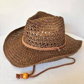 Summer straw hat women s outdoor seaside beach hat hollow cowboy top hat sun hat seaside sunscreen sunshade beach hat M56-58cm бежевый