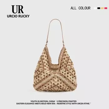 Summer Straw Woven Bag Women s 2025 New Sea Edge Vacation Beach Cut Out Shoulder Tote Bag Woven Vegetable Basket Bag Tide Khaki color matching [hand woven bag]]
