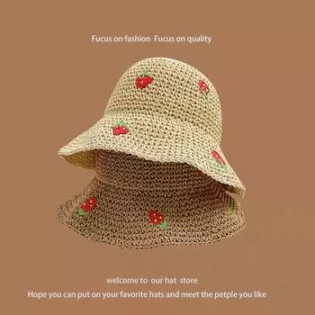 Летняя плетеная шляпа-ведро с клубникой, женская пляжная шляпа с защитой от ультрафиолета, маленькая, свежая и модная, универсальная соломенная шляпа M56-58cm