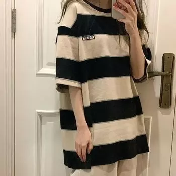 Summer Striped t-Shirts Women Harajuku Streetwear Oversized Shirt Short Sleeve Casual T Shirt pure cotton y2k Tops Female Blouse M