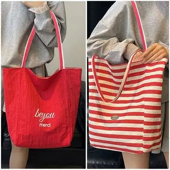 Summer Stripes Canvas Bag South Korea Ins Idle Style Tote Bag Student Large Capacity Casual Shoulder Bag Female Fashion Double sided back Red
