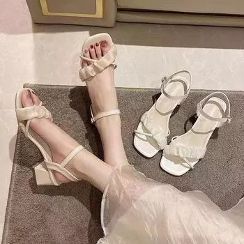 Summer Style Casual Simple Solid Color Square Toe Open Toe Buckle Strap Square Heel Medium Heel Fashion Sandals 39EU/CN40
