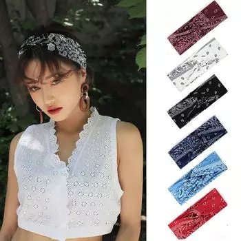 Summer Style Elastic Women Cashew Flower Print Knot Cross Headband Turban Hairband Bandanas