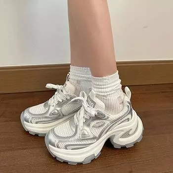 Summer Style Mesh Breathable Thick Sole Increased Leather Casual Sports Shoes Casual Shoes For Women Casual Platform Sneakers 35 белый