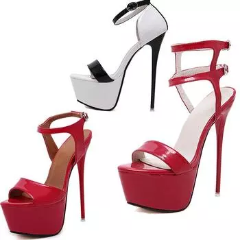 Летние стильные пикантные женские сандалии 16 см на высоком каблуке с открытым носком и пуговицами, вечерние туфли для ночного клуба, черные, большой размер 46 34