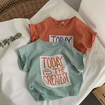 Summer Style T-shirt New Children s Baby Patch Embroidered Letter Colored Short Sleeved Shirt for Boys and Girls 80 оранжевый