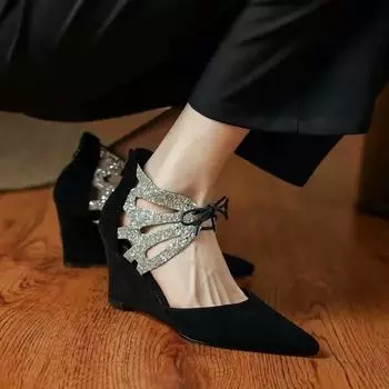 Summer Suede Glitter Pointed Toe Lace-up New Sandals Women s Plus Size Ultra High Heel Party Shoes Wedge Sandals 35 чёрный