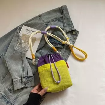 Summer Summer Fancy Drawstring Work Clothing Bucket Bags Female 2025 New Arrival Nylon Kettle Bag Crossbody Phone Bag Yellow with purple