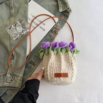 Summer Summer Wool Rose Bouquet Bag Female 2025 New Arrival Stylish Knitted Bag Cross Body Bucket Bag Mobile Phone Bag Purple