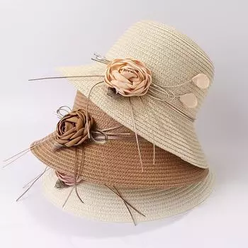 Summer Sun Hat Beach Straw Hat Seaside Flower Fisherman Hat Sun Protection Straw Bucket Hat milkwhite