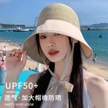 Summer sun hat children s 2024 new versatile sun hat empty top can tie ponytail sunscreen bucket hat M (56-58cm) - Ponytail Splicing Grass Cloth Cap бежевый