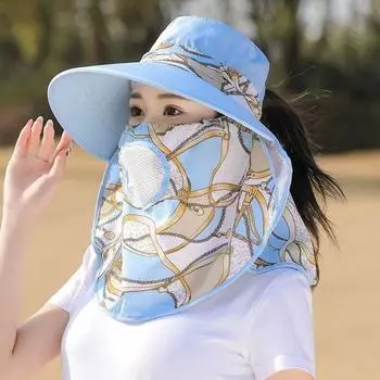 Summer Sun Hat Sunscreen Big Brim Shawl Hat Mask Face Care Tea Picking Hat Cycling Breathable Sun Hat Female Face Cover Hat Blue