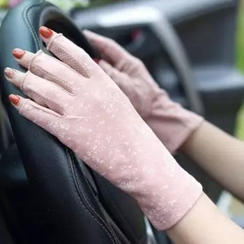 Summer Sun Protection Gloves Half Finger Women s Short UV Protection Driving Ultra-Thin Cycling Leakage Finger Pure Cotton Open Finger Cycling Floral half-finger leather powder One size