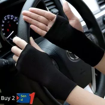 Summer Sun Protection Gloves Women Half Finger Thin Cool Ice Silk Men s Driving Riding Non-Slip Breathable Open Finger Writing Game Black All yards