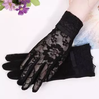 Summer Sun Protection Gloves Women s UV Protection Thin Driving Trolley Ice Silk Lace Short Elastic Non-Slip Touch Screen Black [Lace single butterfly]] All yards