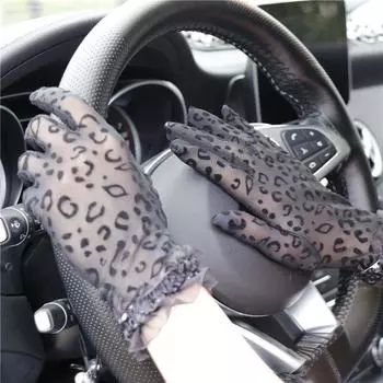 Summer Sun Protection Gloves Women Thin Lace Sexy Leopard Print Stretch Mesh Stretch Elegant Spring and Autumn Driving Anti-Purple Black All yards