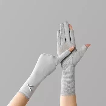 Summer Sun Protection Gloves Women Thin UV Protection Mid-Length Arm Sleeves Driving Riding Non-Slip Breathable Open Finger Pure color Medium Bows-Two Finger-Grey One size