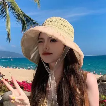 Summer Sun Protection Hat Women s Color Plastic Travel Outdoor Sun Hat with Wide Brim K-style Fashion All-Match Small Face Show Bucket Hat 8772-beige [color glue big eaves]]